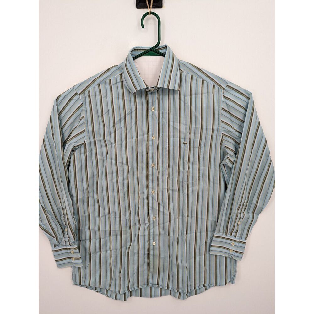 Lacoste Men's Blue Striped Long Sleeve Button Up Pocket Shirt, Size 44, XL